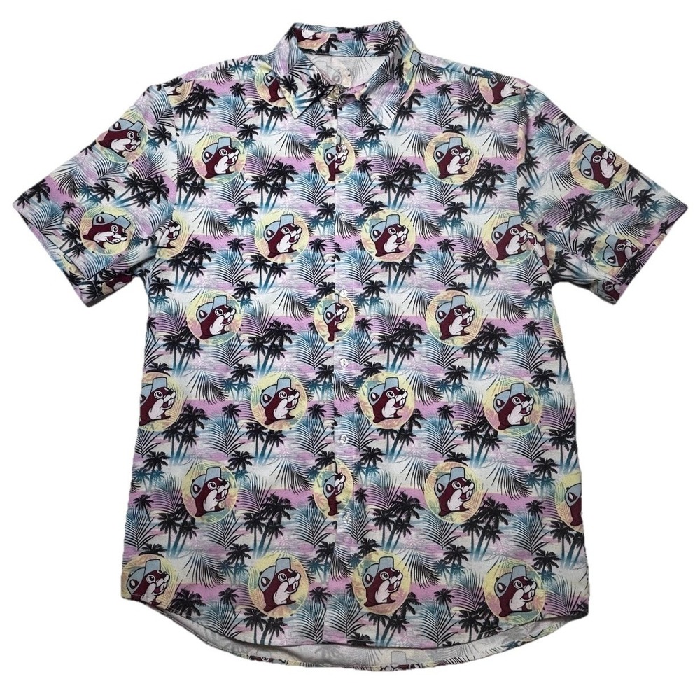 Buc-ee's Tropical Button Up Shirt Beaver Logo Palm Tree Pastel Print Short M